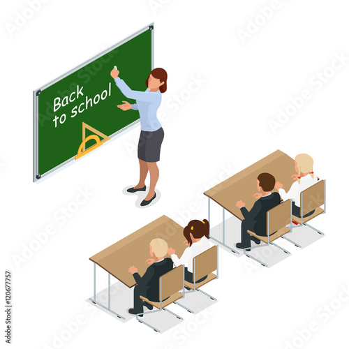 sometric School lesson. Little students and teacher. Isometric Classroom with green chalkboard, teachers desk, pupils tables and chairs. Flat 3d cartoon illustration.