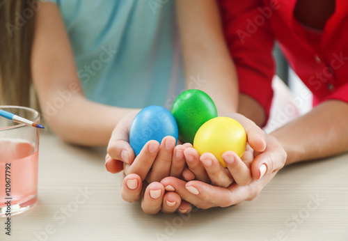 Mother and daughter holding Easter eggs