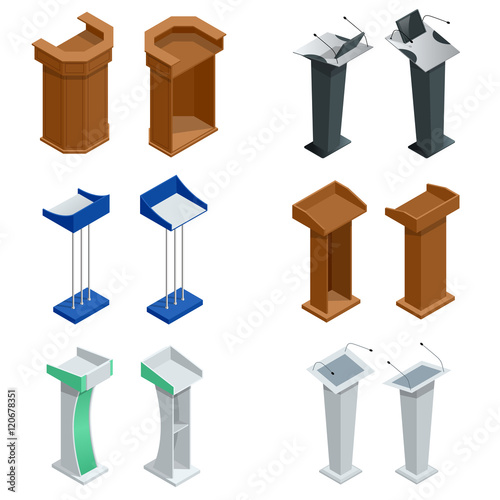 Isometric rostrum, podium, tribune with microphones. Vector