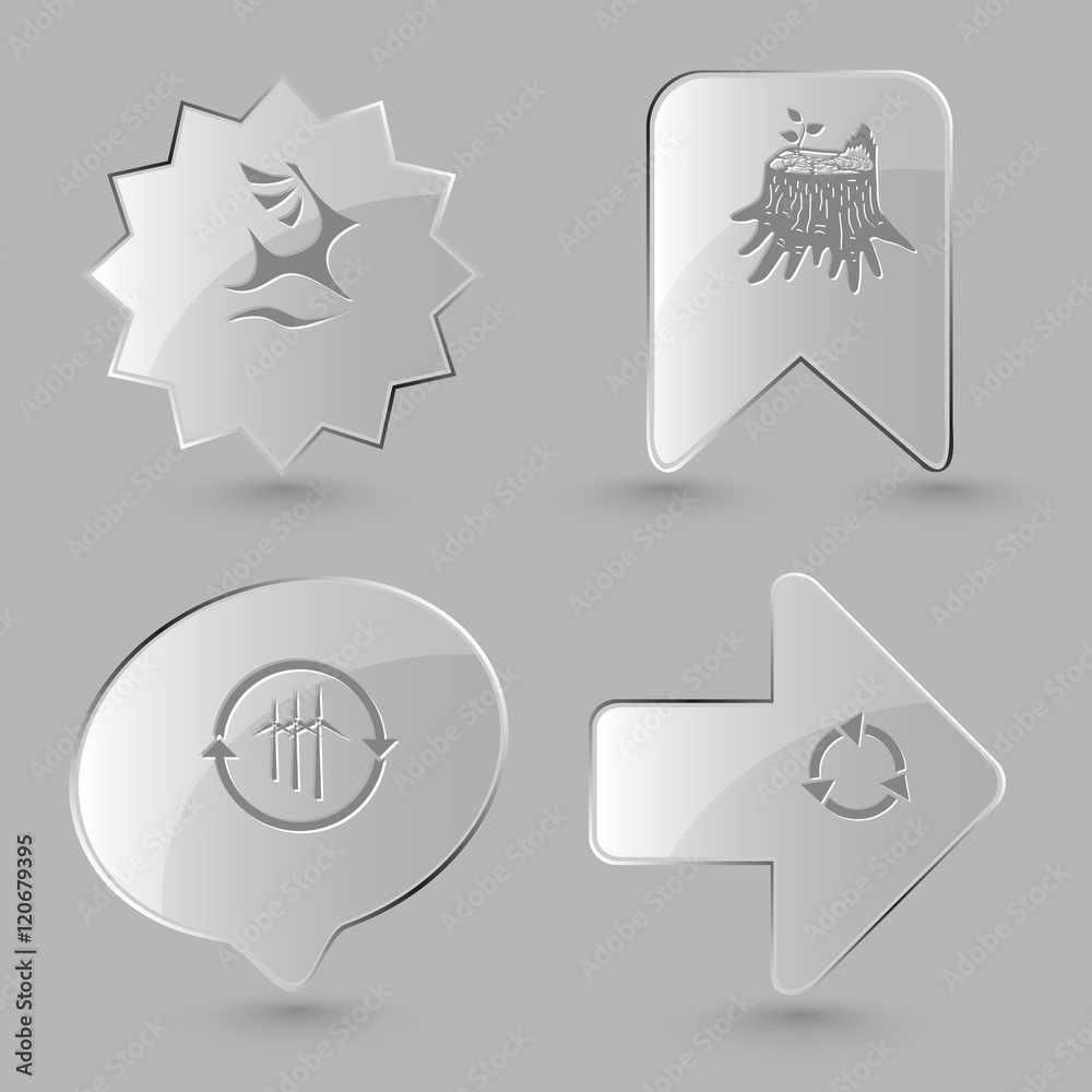 4 images: deer, stub, wind turbine, recycle symbol. Ecology set. 4 images: deer, stub, wind turbine, recycle symbol. Ecology set.