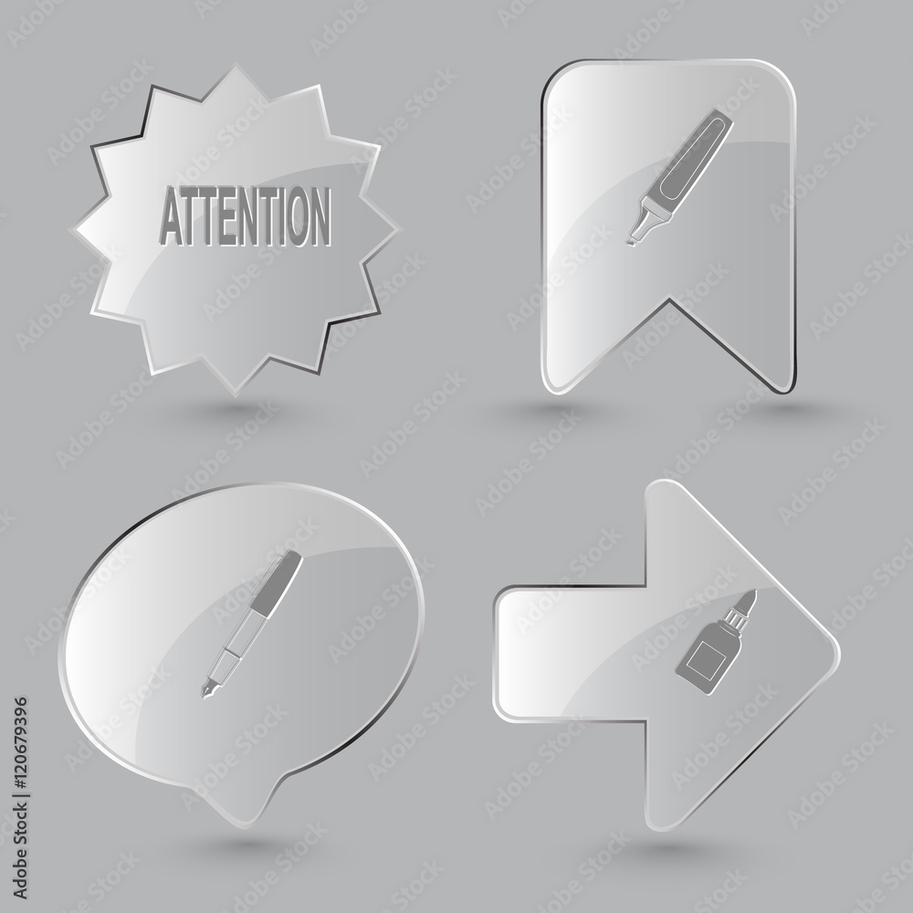 4 images: attention, felt pen, ink pen, glue bottle. Education s 4 images: attention, felt pen, ink pen, glue bottle. Education s