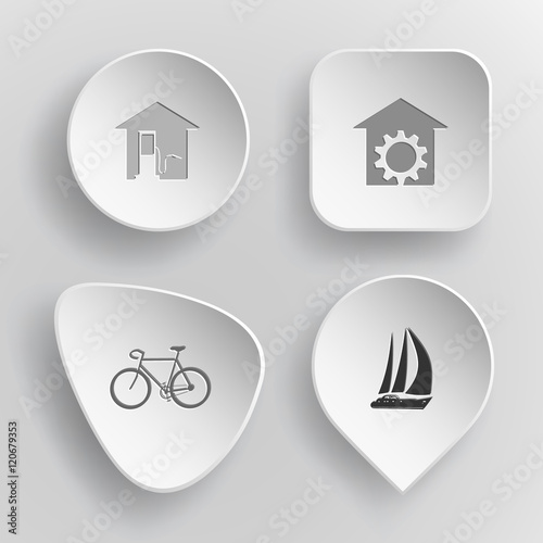 4 images: car fueling, repair shop, bicycle, yacht. Transport se photo