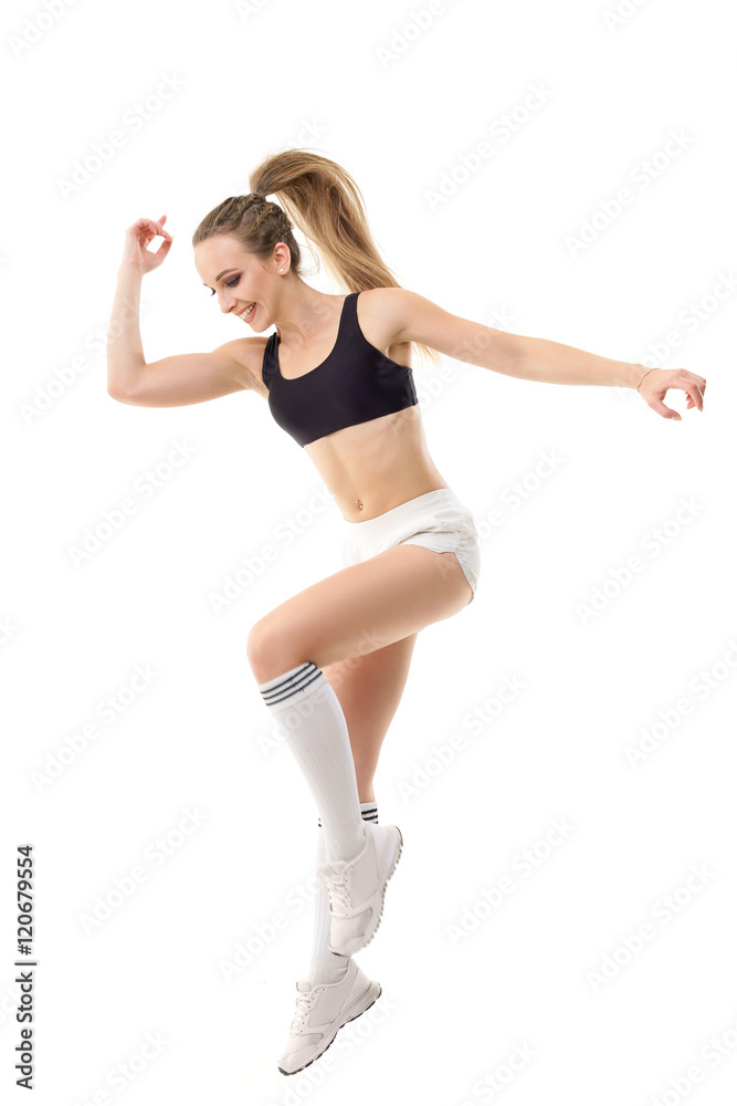 Concepts: healthy lifestyle, sport. Happy beautiful woman fitness trainer working out isolated on white background Concepts: healthy lifestyle, sport. Happy beautiful woman fitness trainer working out isolated on white background