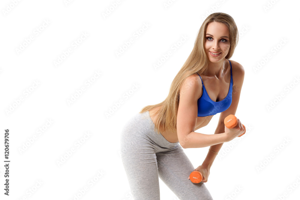 Concepts: healthy lifestyle, sport. Happy beautiful woman fitness trainer working out with small dumbbells isolated on white background Concepts: healthy lifestyle, sport. Happy beautiful woman fitness trainer working out with small dumbbells isolated on white background