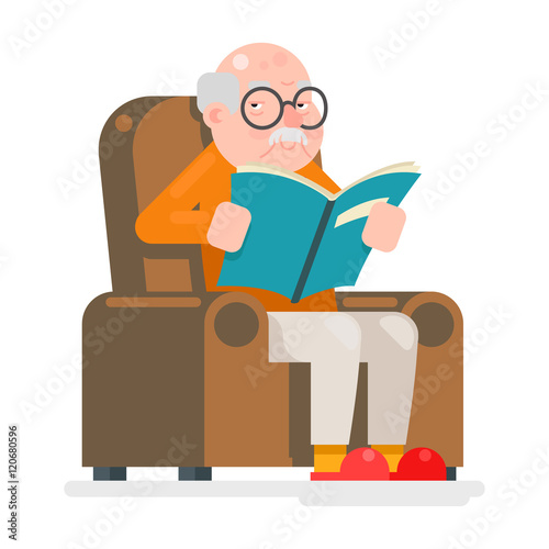 Old Man Characters Read Book Sit Chair Adult Icon Flat Design Vector Illustration