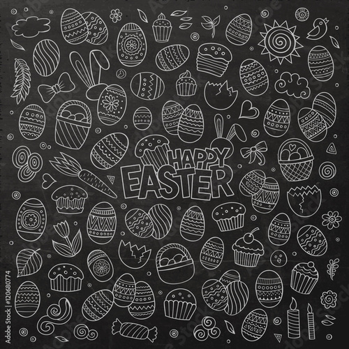 Chalkboard vector doodles cartoon set of Easter objects