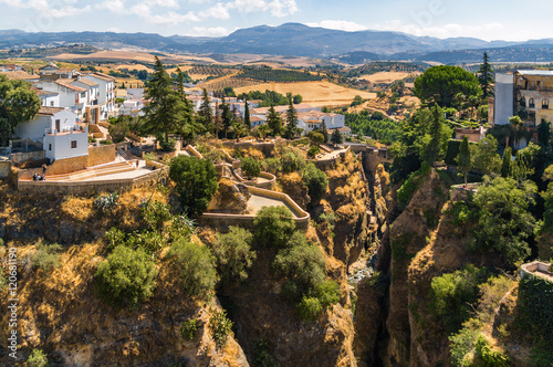 Buildings on the cliffside of El Tajo Gorge in Ronda, Malaga province, Spain.