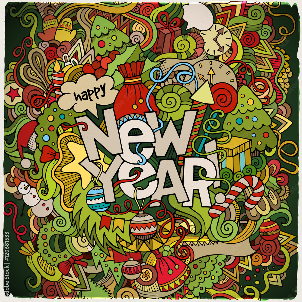New Year hand lettering and doodles elements background