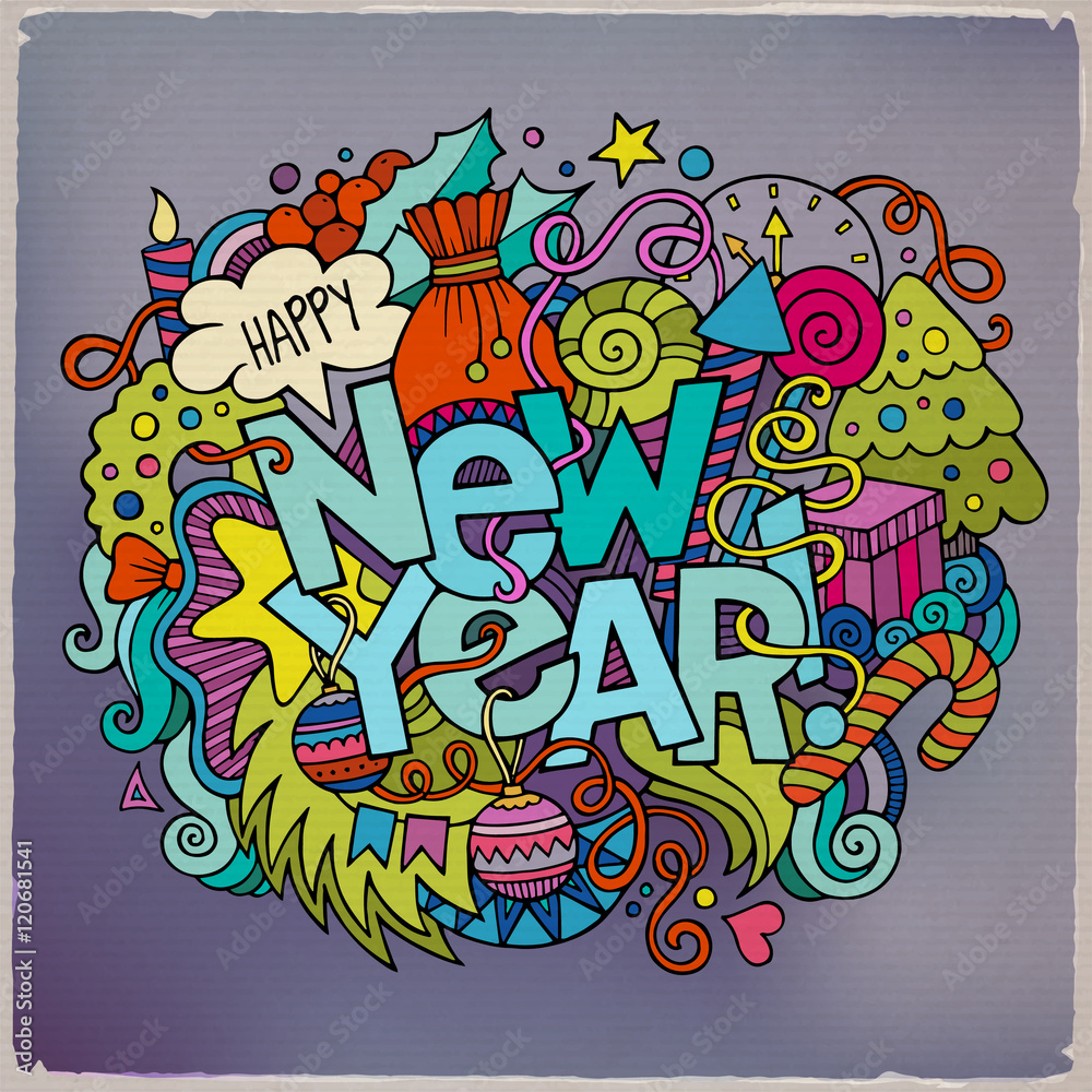 Obraz premium New year hand lettering and doodles elements background
