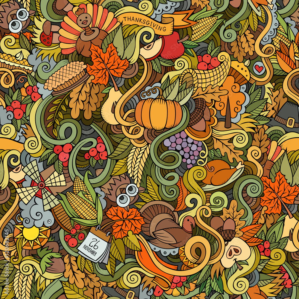 Thanksgiving autumn symbols, food and drinks seamless pattern. Thanksgiving autumn symbols, food and drinks seamless pattern.