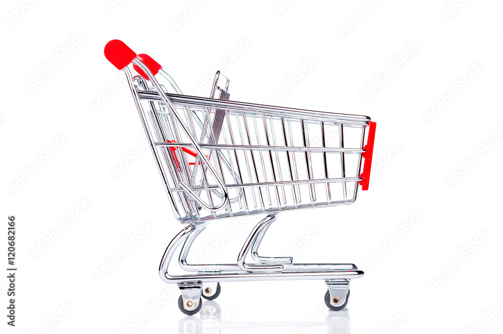 Empty shopping cart closeup on white background