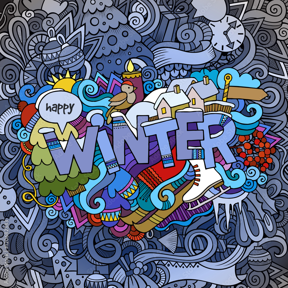 Winter hand lettering and doodles elements background.