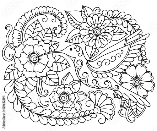 Doodle pattern in black and white. Floral pattern for coloring book. Floral and bird colibri - coloring book for children and adults.
