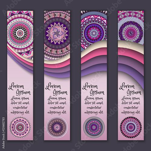Colorful ornamental ethnic banner set. Templates with wavy elements and tribal mandala.