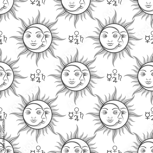 Mystical seamless pattern with alchemy elements and sun and moon. Vector illustration