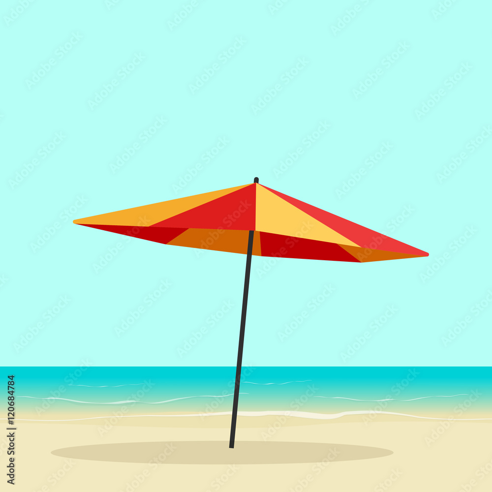 Beach umbrella on seaside vector illustration, flat cartoon sea coast with sun umbrella on sand beach, colorful orange parasol on seascape horizon