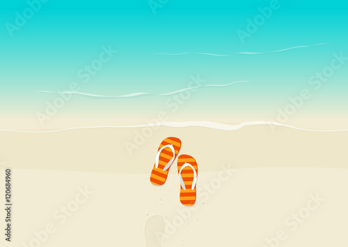 Sand beach with flip flops sea slippers sandals vector illustration, flat cartoon rubber flipflop jandals plakkies on sand near sea with footprint top view, sea coast and sand beach from above