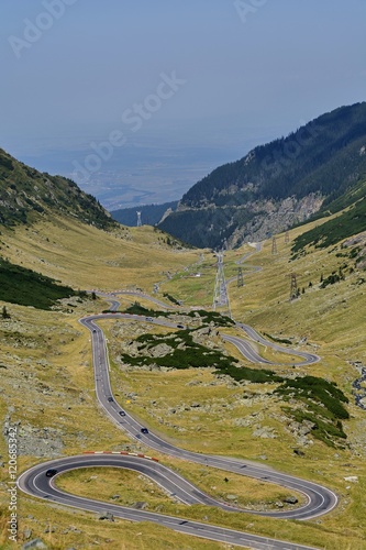 Transfagarasan - High altitude winding road in Carpathians mountains panorama.