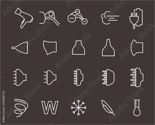 Hair dryer properties icons. Thine line icon set