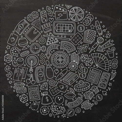 Set of Casino cartoon doodle objects, symbols and items