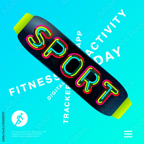 Fitness bracelet with activity app tracker. Smartwatch tech interface written lines word Sport. Best used as a motivation poster and living a healthy life. Modern concept of vector illustration.