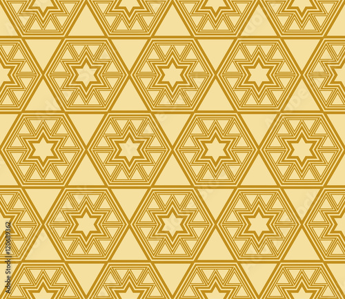 Abstract golden modern seamless pattern with random hexagon. Vector illustration.