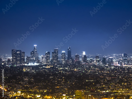 View of the downtown Los Angeles skyline at night  from Griffith Observatory  in Griffith Park  Los Angeles  California.