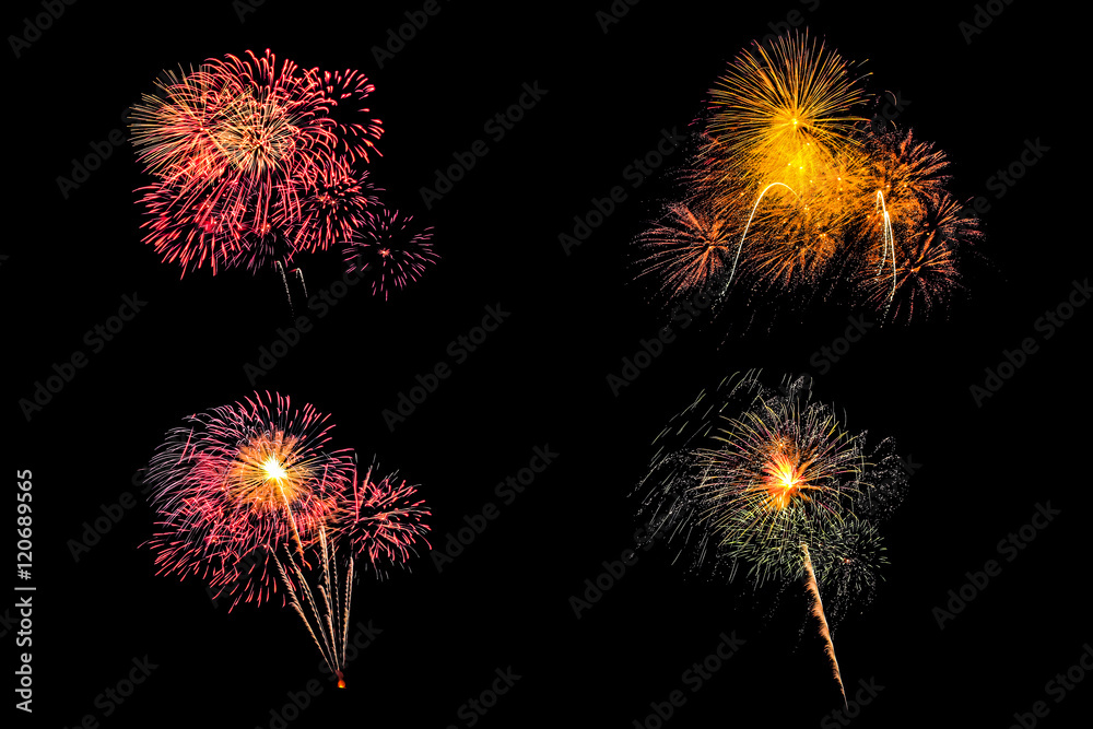 Isolated set of fireworks on black background with clipping path