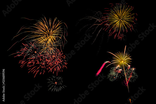 Isolated set of fireworks on black background with clipping path