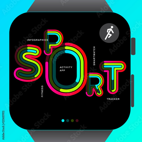Word sport is on a black wristwatch of a blue backdrop with a running man figure on top. Modern concept of vector illustration. Best use for posters, banners, stickers and flyers.