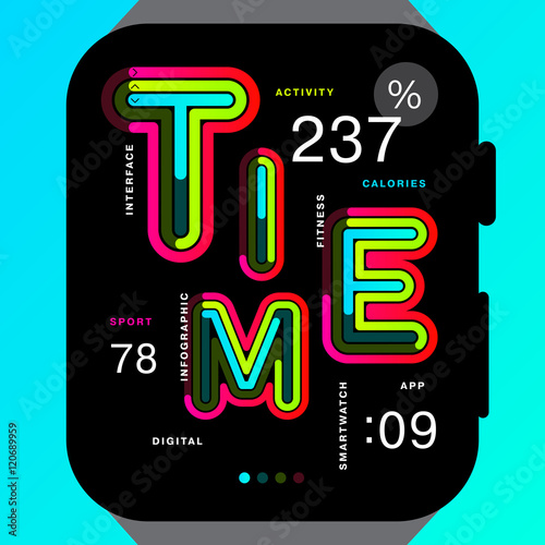 Word Time is in big bold letters with active line art alongside some words on black display smart watch. Modern concept of vector illustration. Best use for posters, templates and advertisement.
