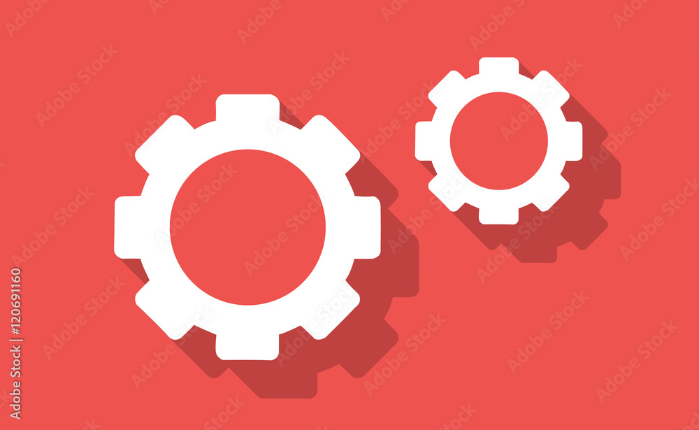 Vector white gears icons with long shadow on flat background Vector white gears icons with long shadow on flat background