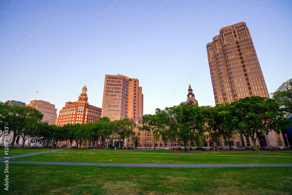 Obraz premium Downtown New Haven skyline at twilight