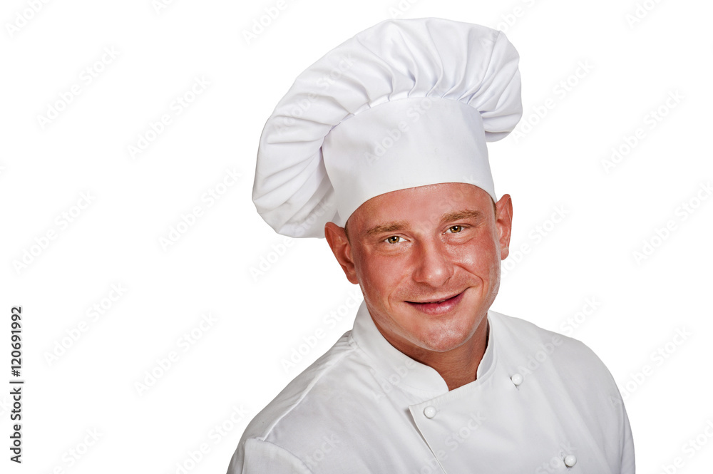 Chef man isolated over white background.