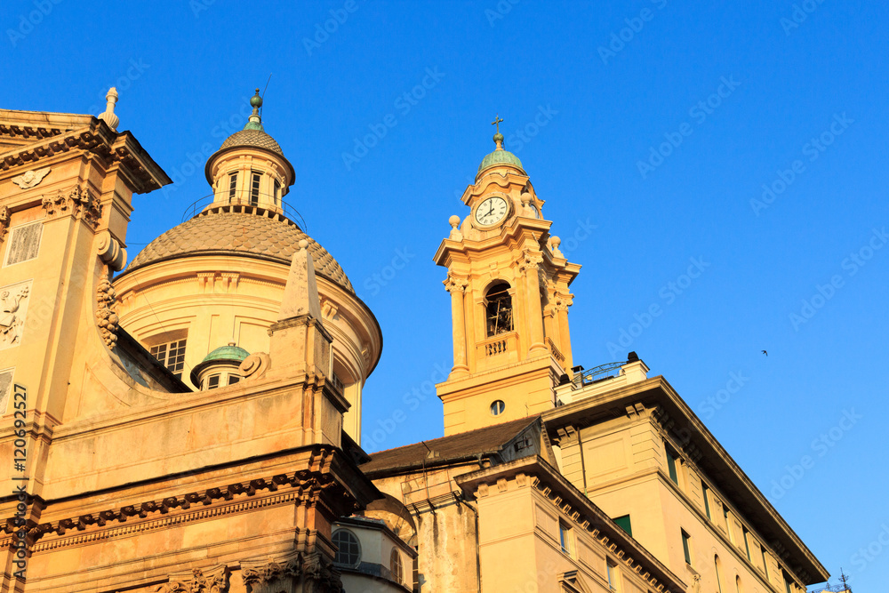 Dome and belfry of Church Chiesa del Gesu in Genoa, Italy