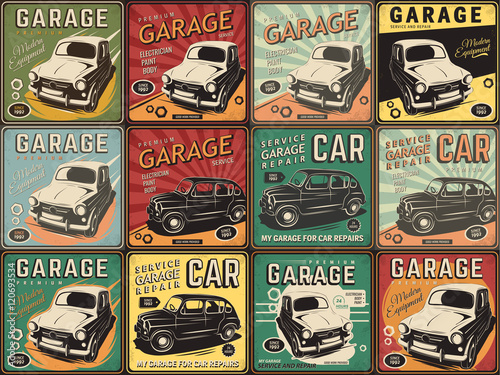 Vector illustration with the image of an old classic car, design logos, posters, banners, signage. Using vintage and grunge style. Retro illustration on the theme of service stations, tire service.