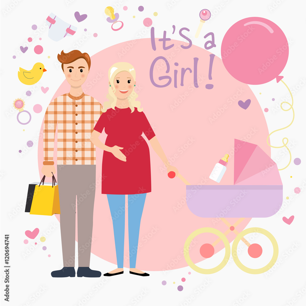 Illustration of a pregnant couple waiting for a baby girl. Happy family expecting baby. Pregnant wife and her husband. All the newborn stuff vector illustration. Illustration of a pregnant couple waiting for a baby girl. Happy family expecting baby. Pregnant wife and her husband. All the newborn stuff vector illustration.