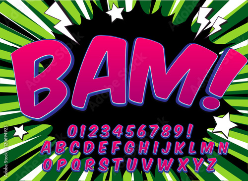 Creative high detail comic font. Alphabet in the style of comics, pop art. Letters and figures for decoration of kids