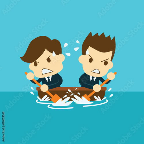 two businessmen rowing in opposite directions.the boat is not go
