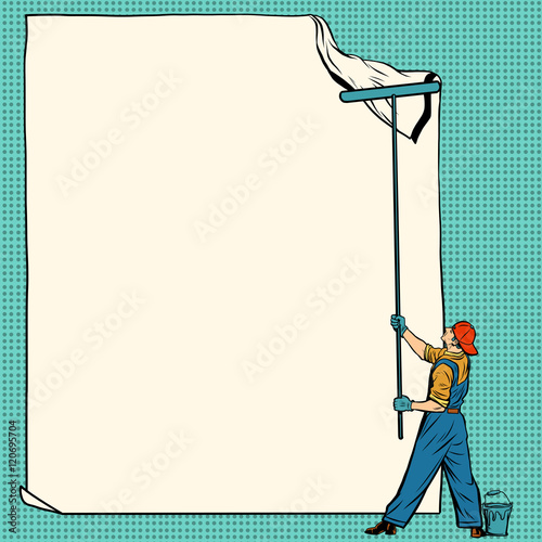 worker painter sticks white poster