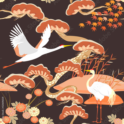 Chinese seamless pattern with pine trees and cranes. Vector.