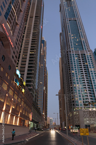 Modern buildings in Dubai Marina at night. UAE