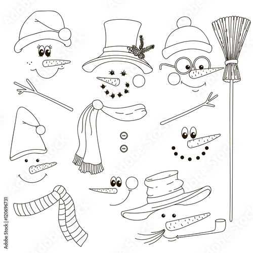 Cute face snowmen collection. Vector illustration.