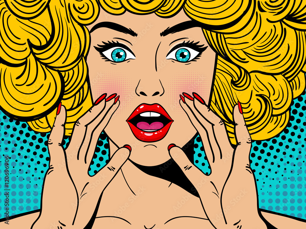 Fotografie, Obraz Sexy surprised blonde pop art woman with wide open eyes  and mouth and rising hands screaming | Posters.cz