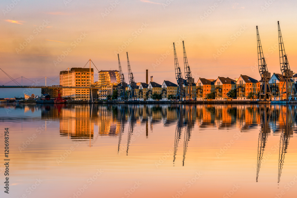 Naklejka premium Royal Victoria Dock in London at sunset
