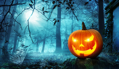 Halloween Kürbis in schauriger Umgebung bei Mondschein