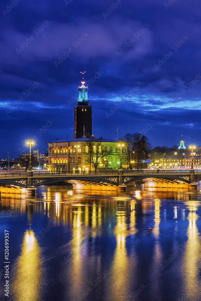 City Hall in Stockholm at night. Sweden