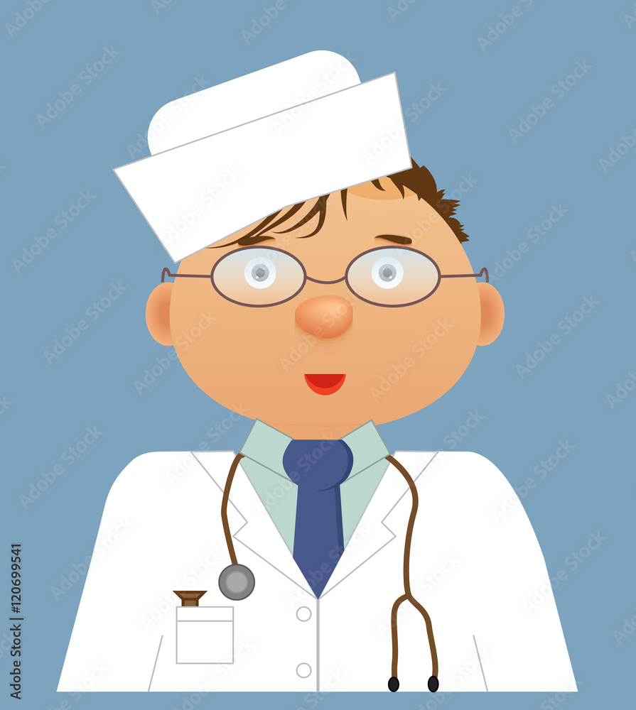 Cute cartoon doctor in white coat and cap with a stethoscope. Suitable for icons, design websites and magazines, creating advertising