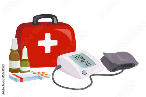 first aid, blood pressure device, medicines