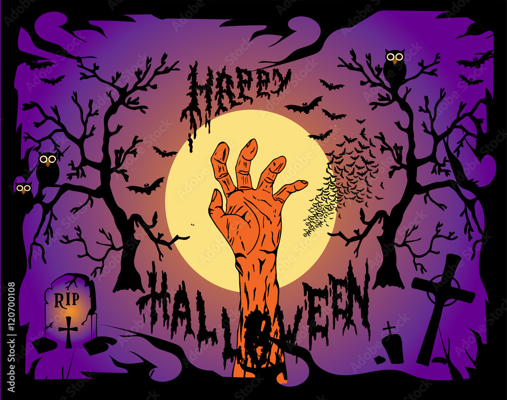 Happy Halloween background with human hand and castle